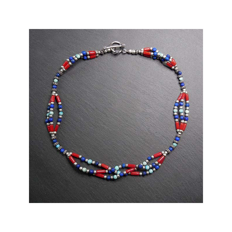 Lapis Lazuli Kette mit Koralle, Türkis und Silber